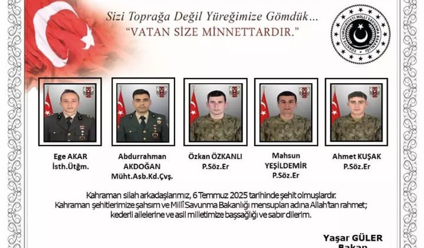 Pençe- Kilit Bölgesinde 5 asker şehit oldu