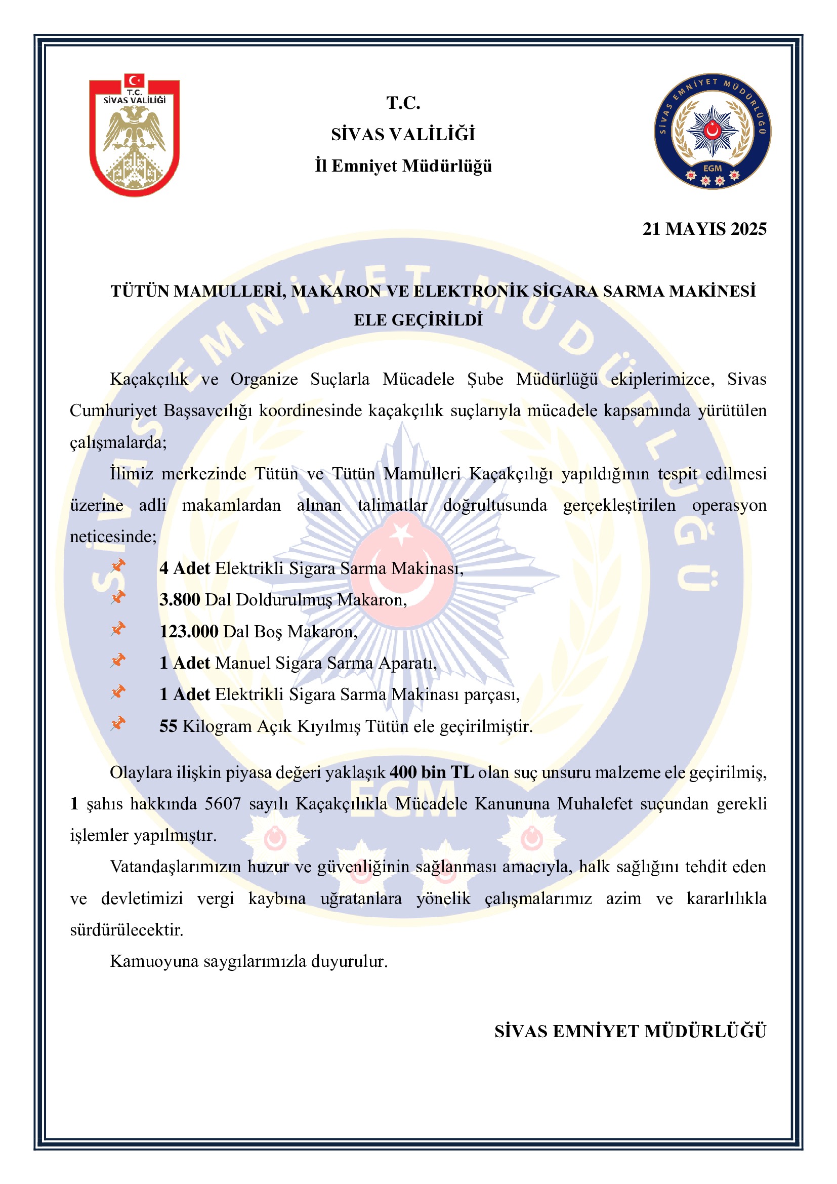 Sivas'ta kaçak sigara üreten depoya baskın! 